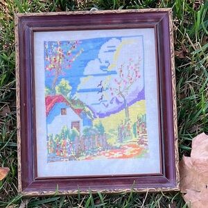 Vintage Framed Cross-Stitch Landscape Art 10”x8”